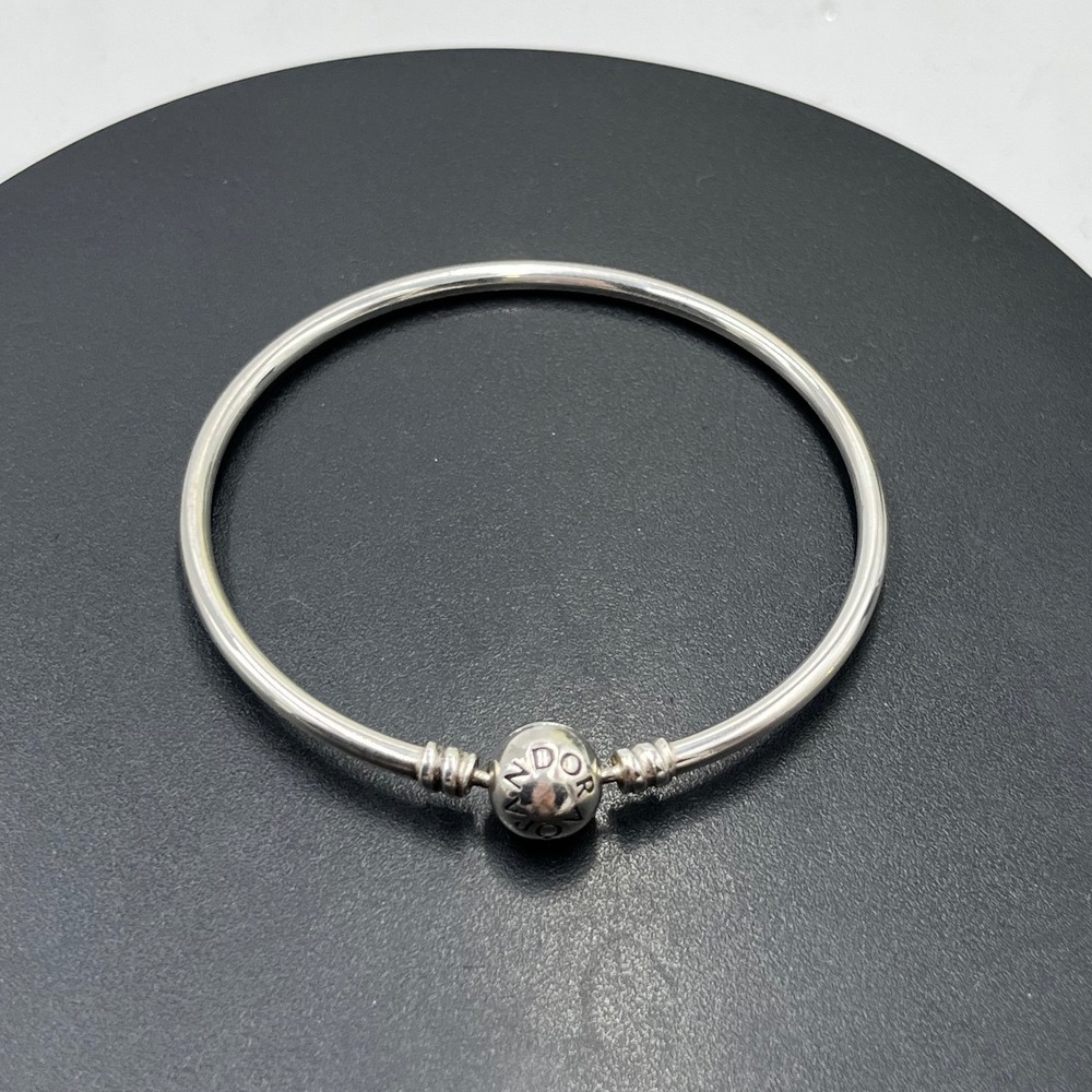 PANDORA Moments 925 Sterling Silver Signed Bangle Bracelet Ball Clasp 7.5